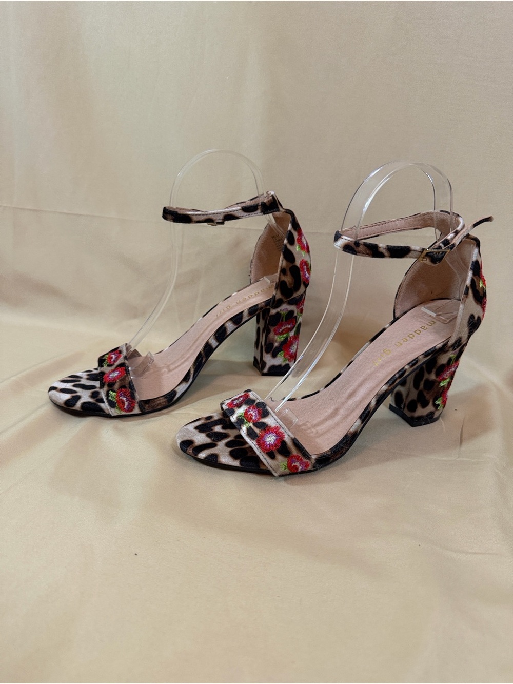 Madden Girl Leopard Print Block Heel Sandals with Floral Accent - Women
